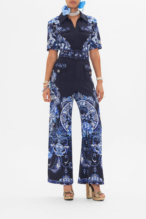 Front view of model wearing CAMILLA jumpsuit in Delft Dynasty print 