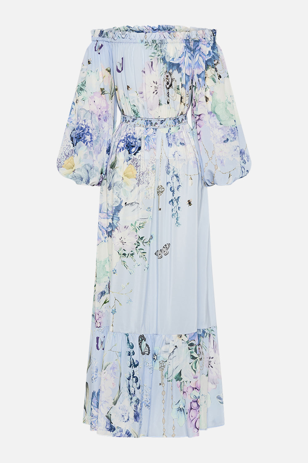 CAMILLA silk off shoulder maxi dress in Butterfloria print