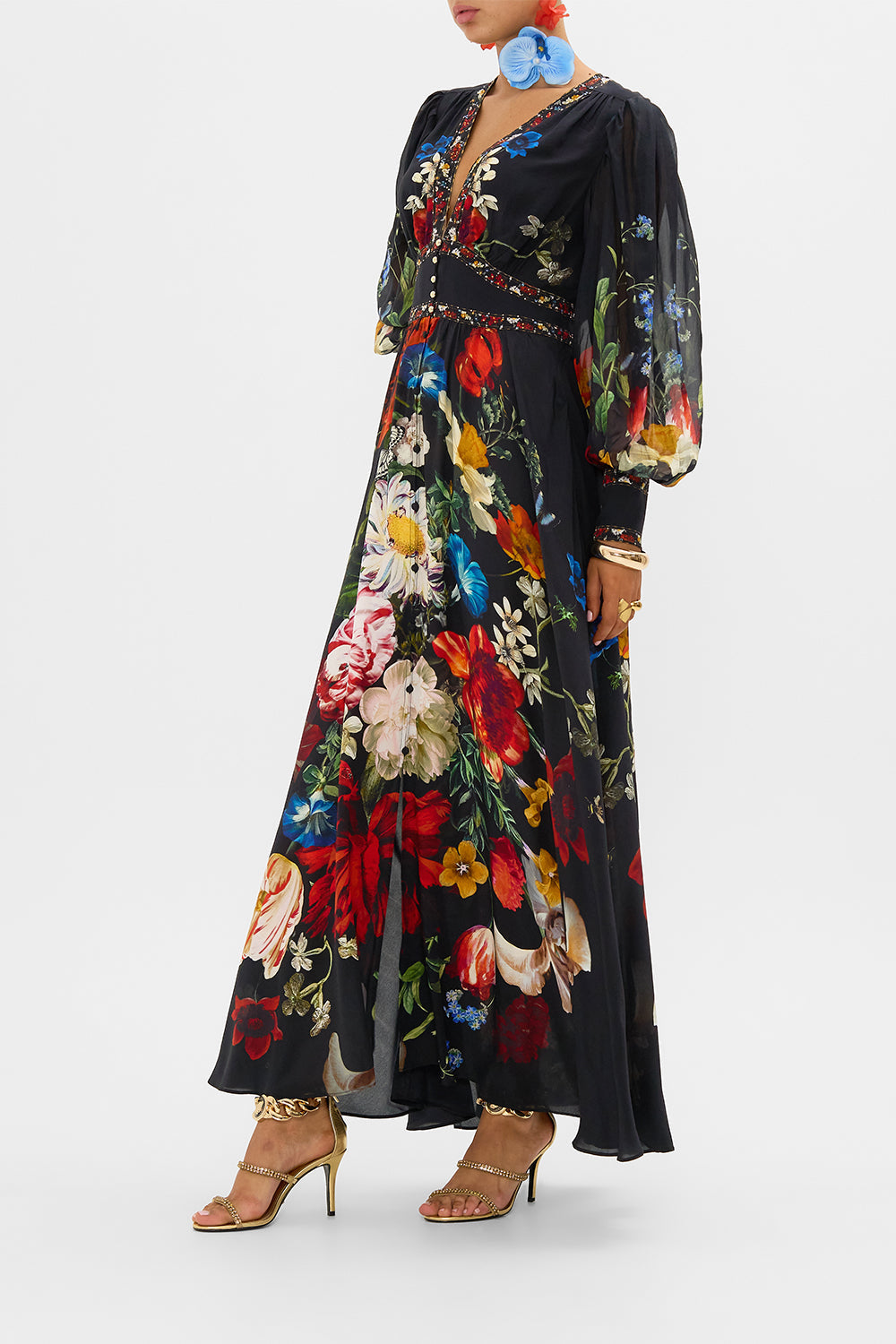 CAMILLA black floral print silk dress in A Still Life print