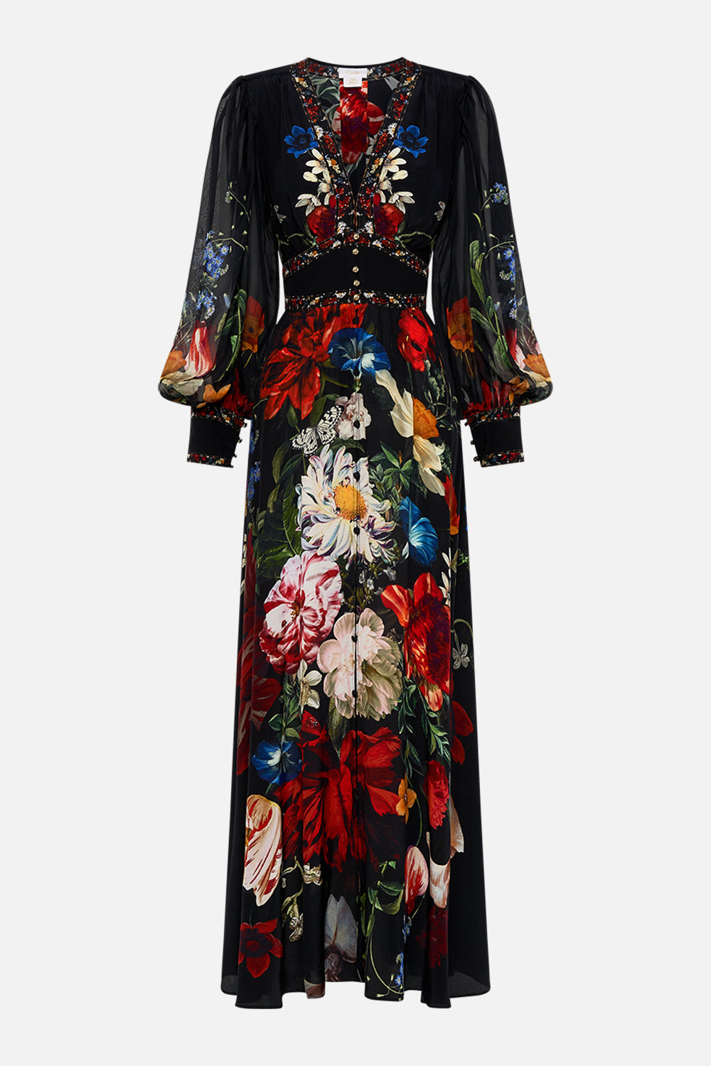 CAMILLA black floral print silk dress in A Still Life print
