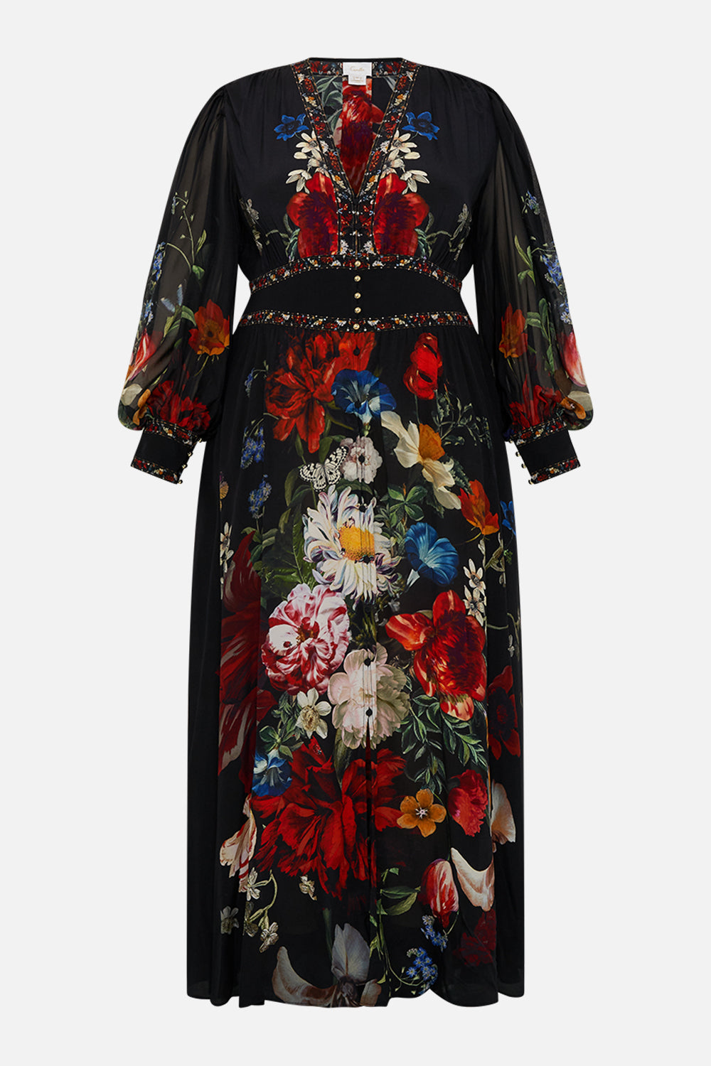 CAMILLA black floral print silk dress in A Still Life print