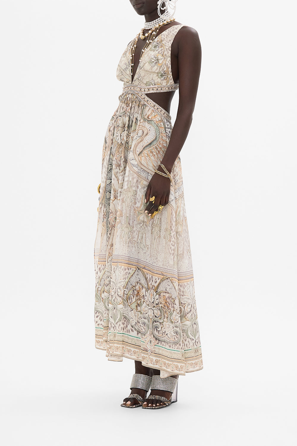 CAMILLA cut out dress in Ivory Tower Tales print