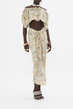 CAMILLA tie front skirt in Ivory Tower Tales print