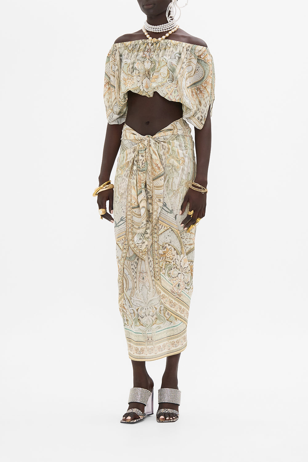 CAMILLA tie front skirt in Ivory Tower Tales print