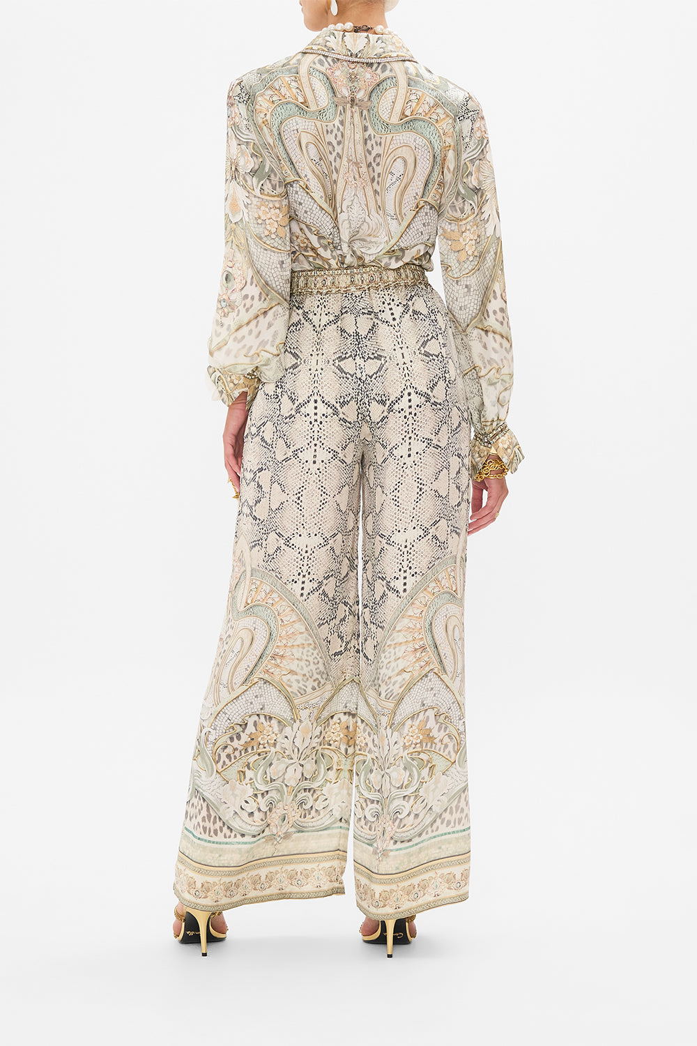 CAMILLA silk pants in Ivory Tower Tales print