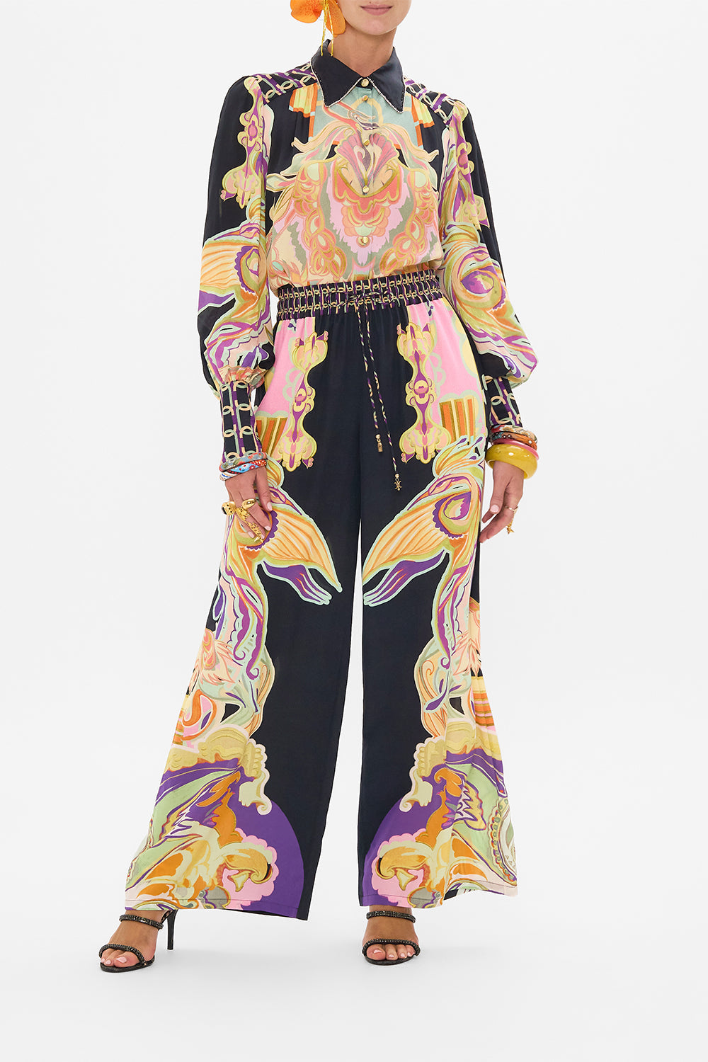 The CAMILLA V NECK BIAS SLIP TEA WITH TUSCHINSKI in our  print.