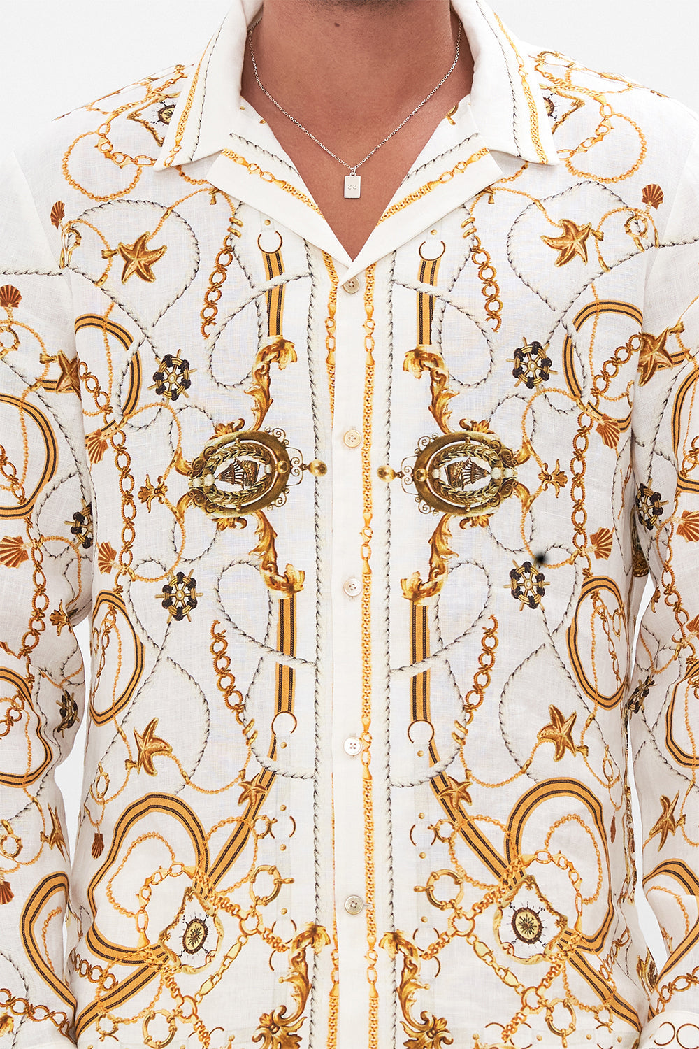 Detail view of model wearing Hotel Franks By CAMILLA mens long sleeve camp collared shirt in Coast To Coast print