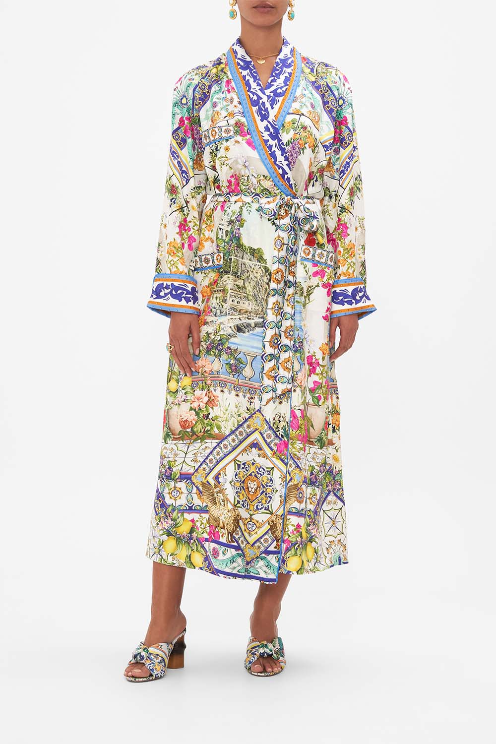 Front view of model wearing CAMILLA long silk robe in Amalfi Amore print