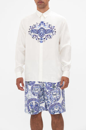 Detail view of Hotel Franks By CAMILLA mens silk shirt in Glaze and Graze print