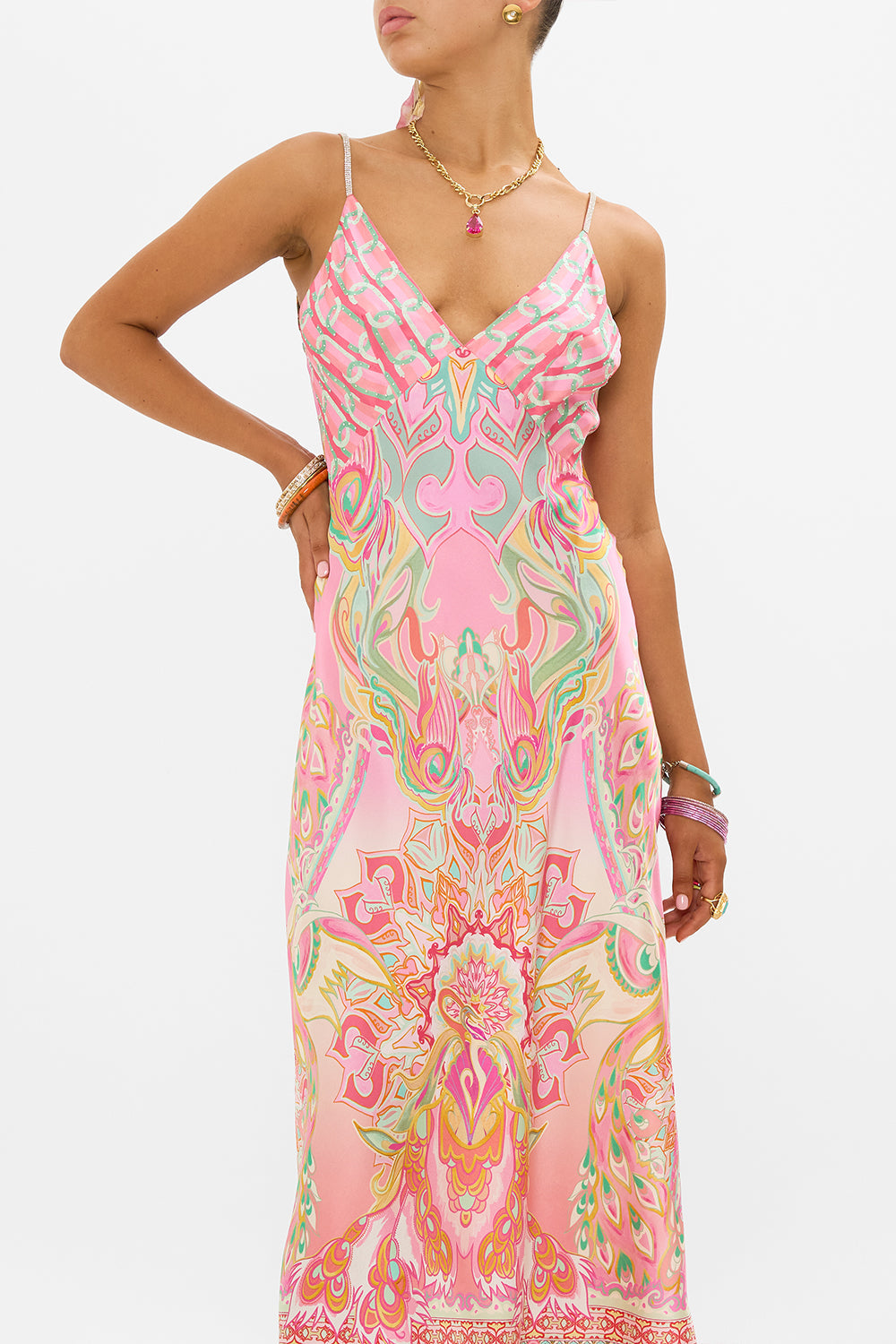 CAMILLA silk bias slip dress in Tea With Tuchinski print