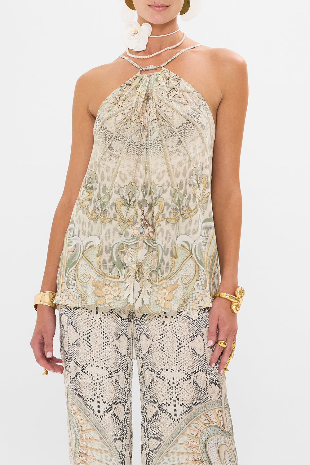 CAMILLA silk top in Ivory Tower Tales print