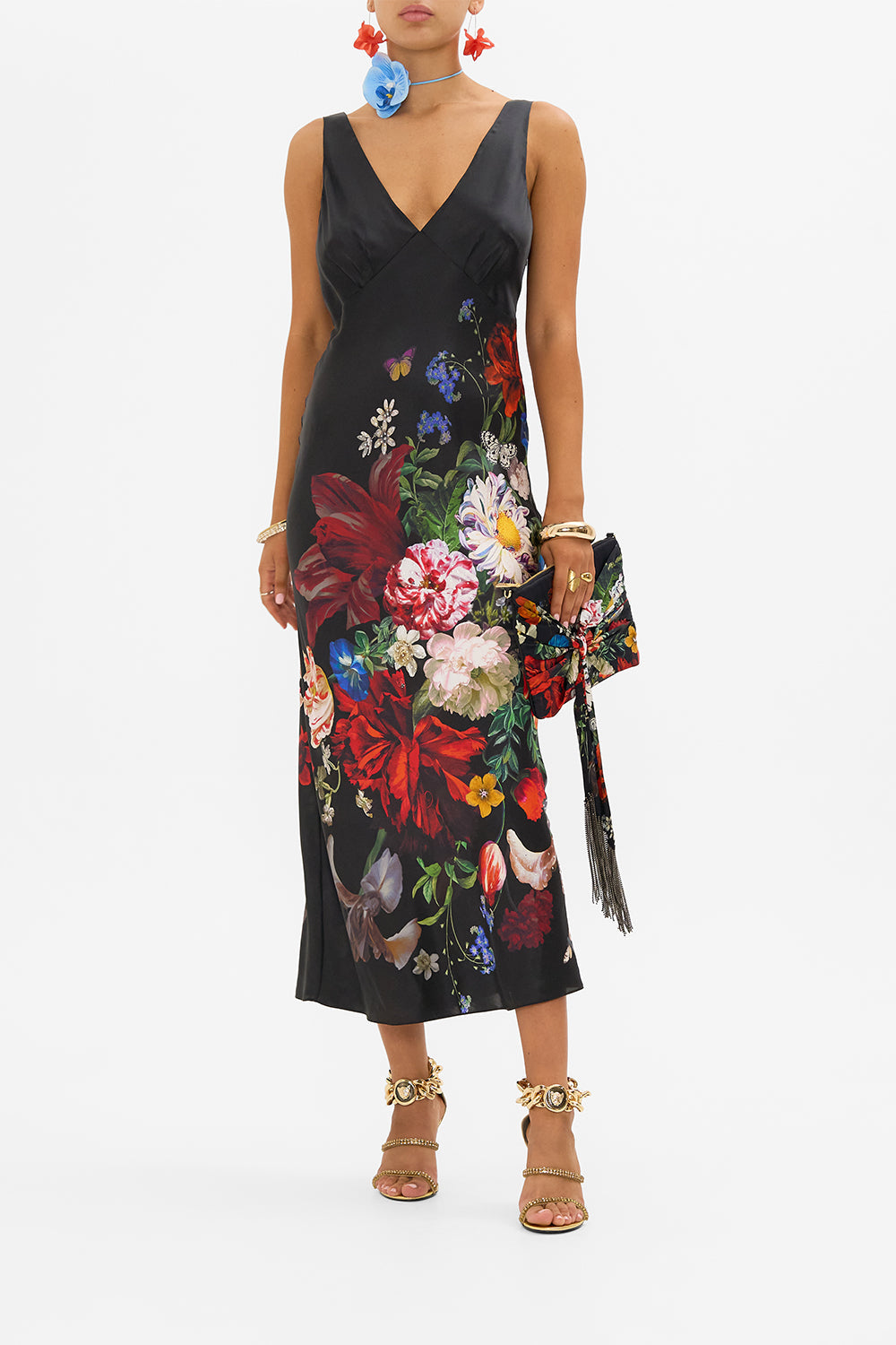 CAMILLA black silk slip dress in A Still Life print