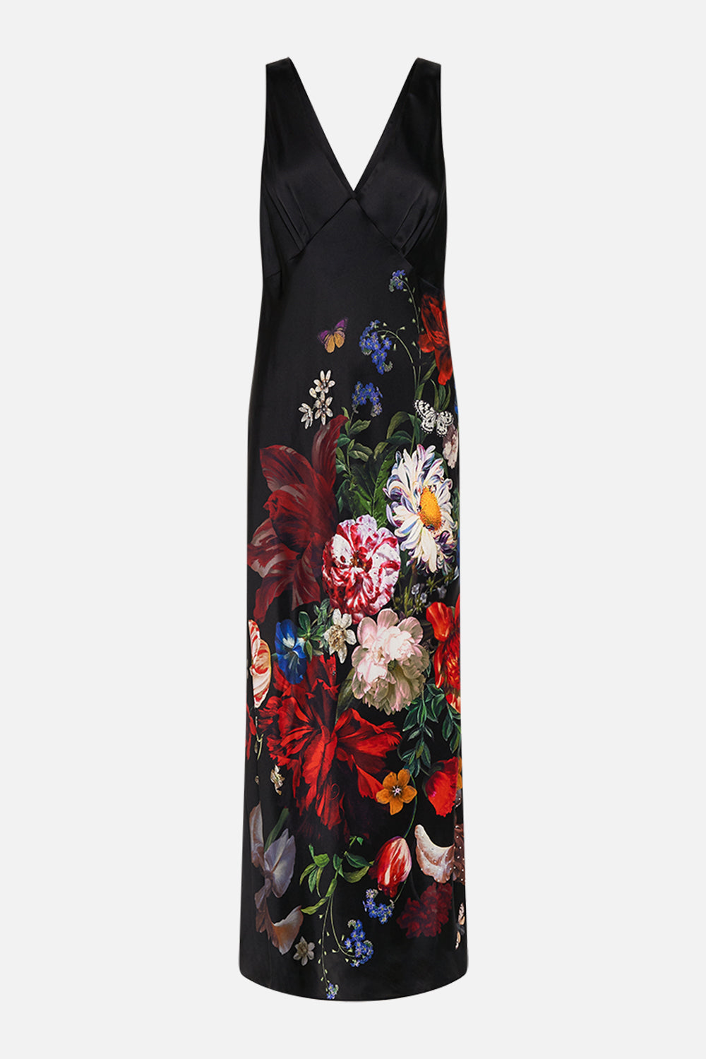 CAMILLA black silk slip dress in A Still Life print