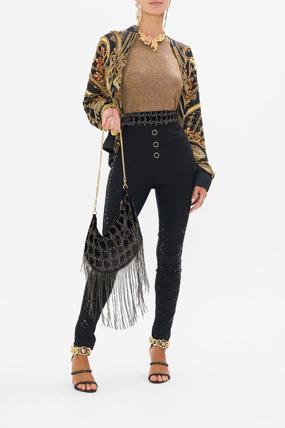 CAMILLA crew neck knit top in Nouveau Noir print