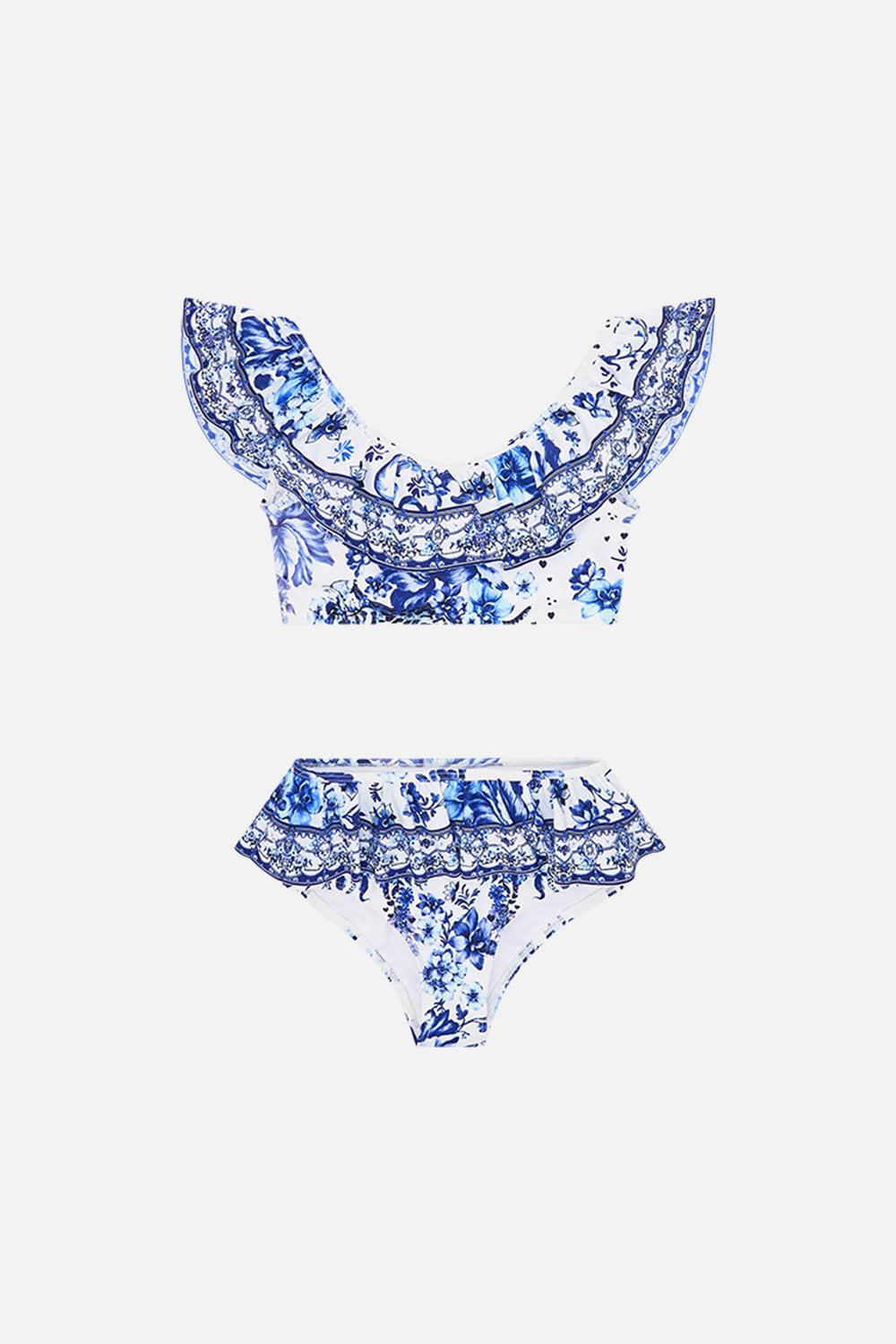 Front product view of Milla By CAMILLA kids frill bikini in Glaze and Graze print