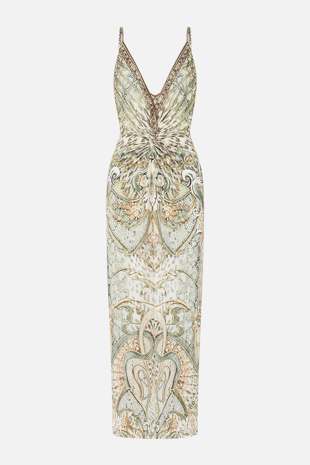 CAMILLA jersey dress with twist in Ivory Tower Tales print