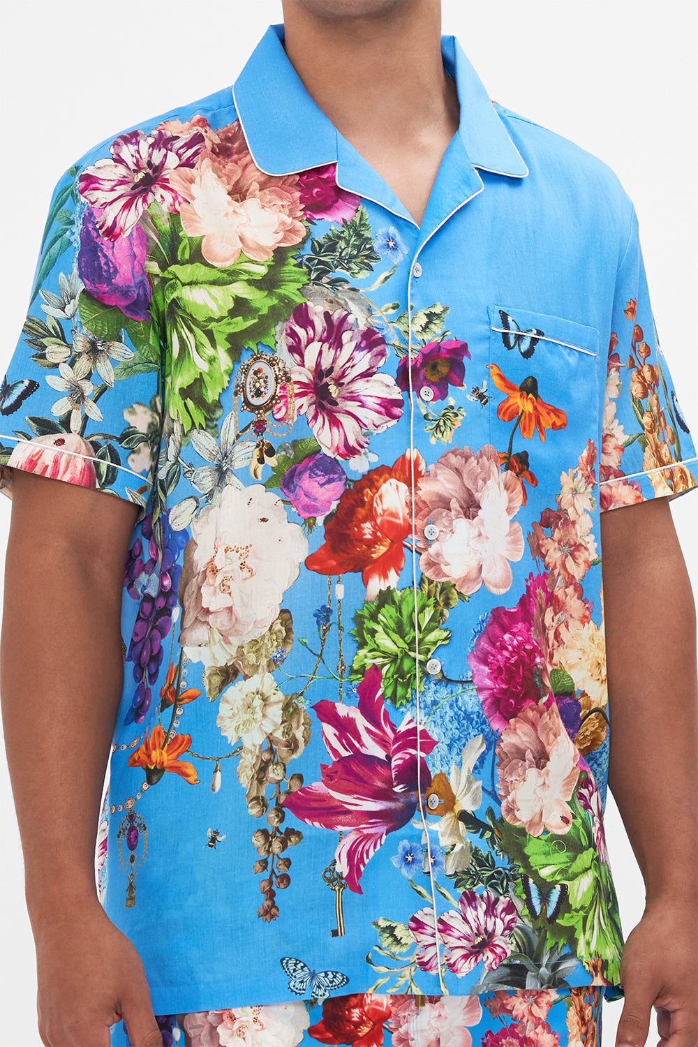 Hotel Franks by CAMILLA mens blue flroal print shirt in Nectar Of The Gods print 