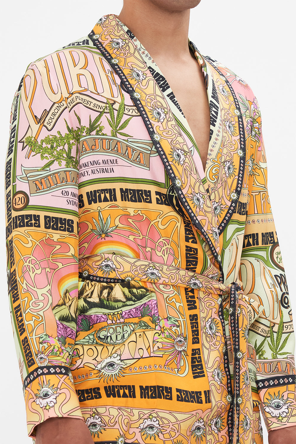 Hotel Franks by CAMILLA mens silk robe in Lets Chase Rainbows print