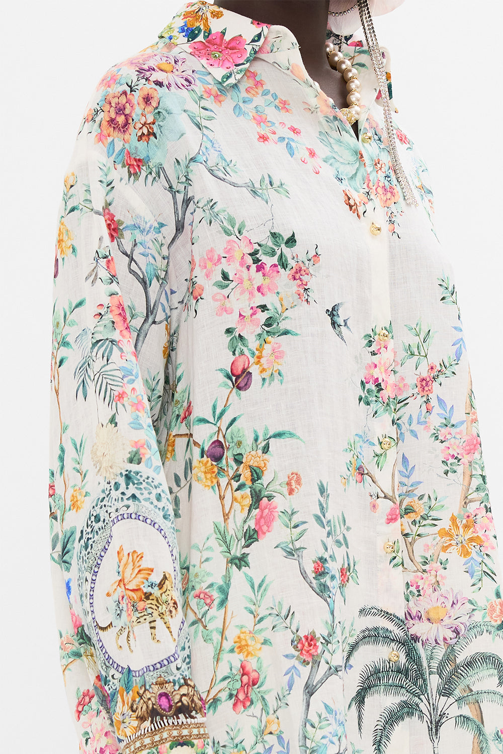 CAMILLA silk tunic in Plumes and Parterres print