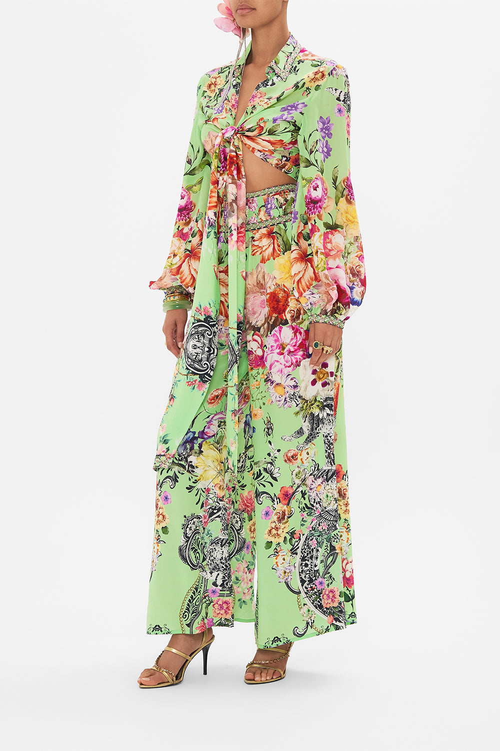 Side view of model wearing CAMILLA wrap shirt in Porcelain Dream print