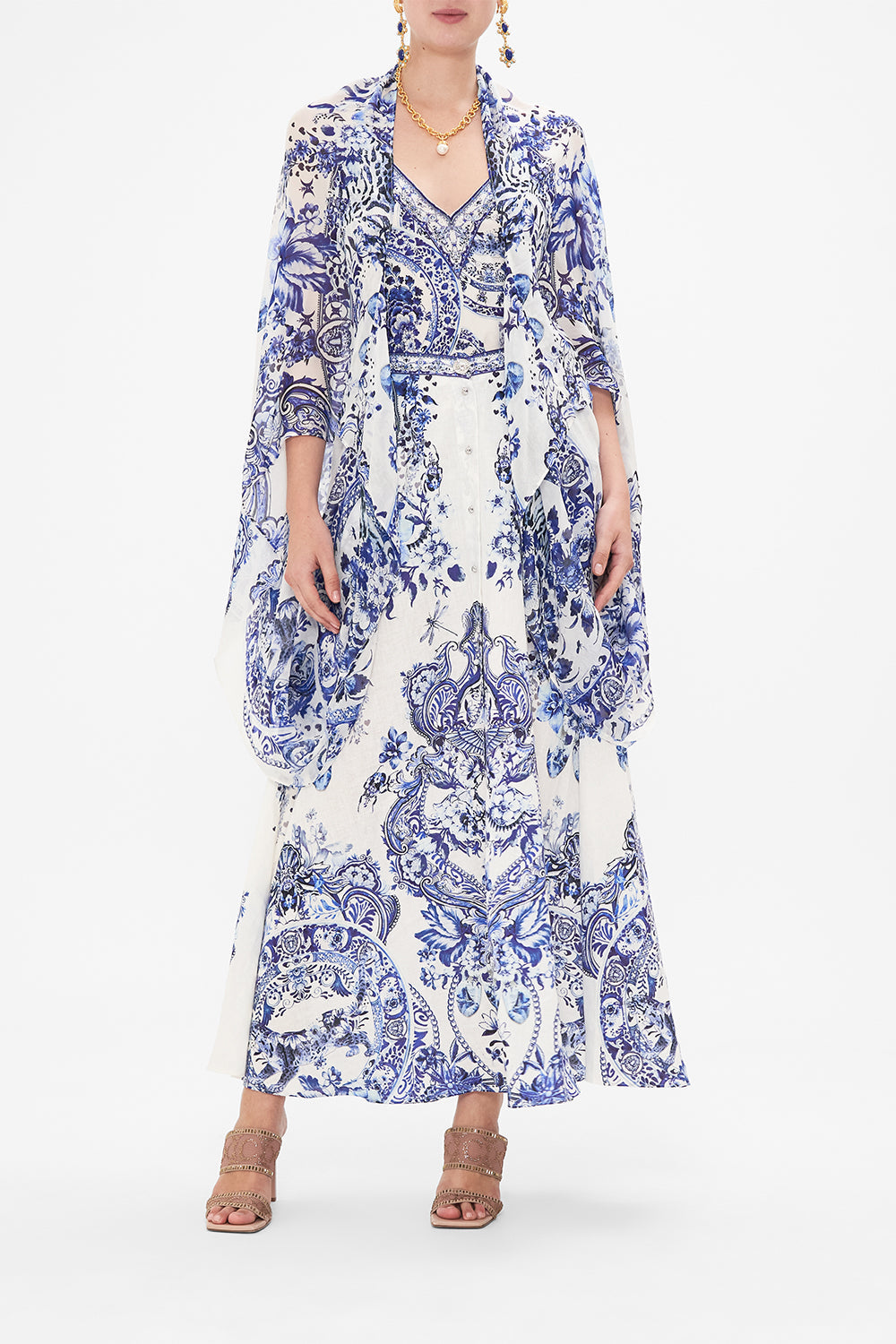 Front view of model wearing CAMILLA silk shrug in Glaze And Graze print