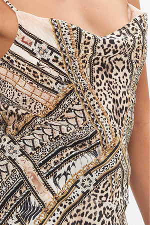 Detail view of model wearing CAMILLA silk cami top in Mosaic Muse 