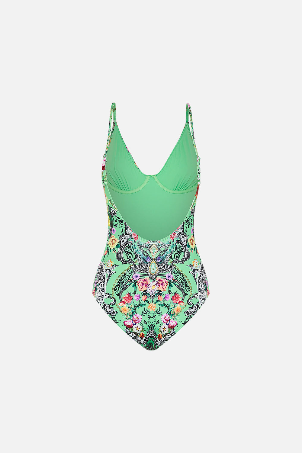 Back view of CAMILLA resort wear one piece swimsuit in Porcelain Dream print