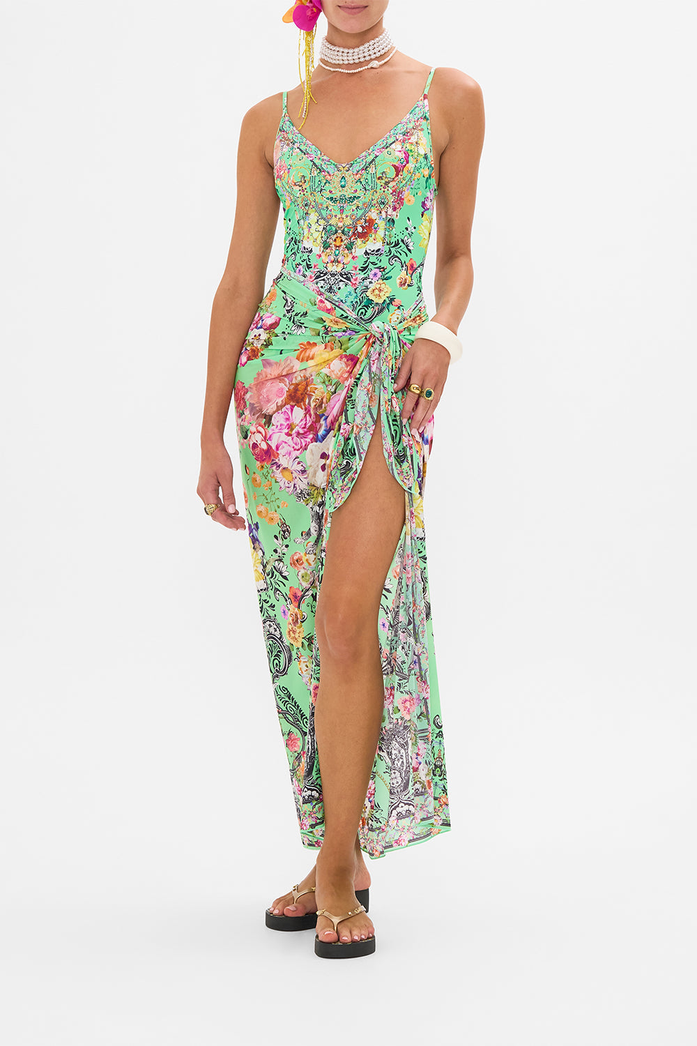 The CAMILLA ELASTIC WAIST BOARDSHORT A NIGHT IN THE 90S in our  print.