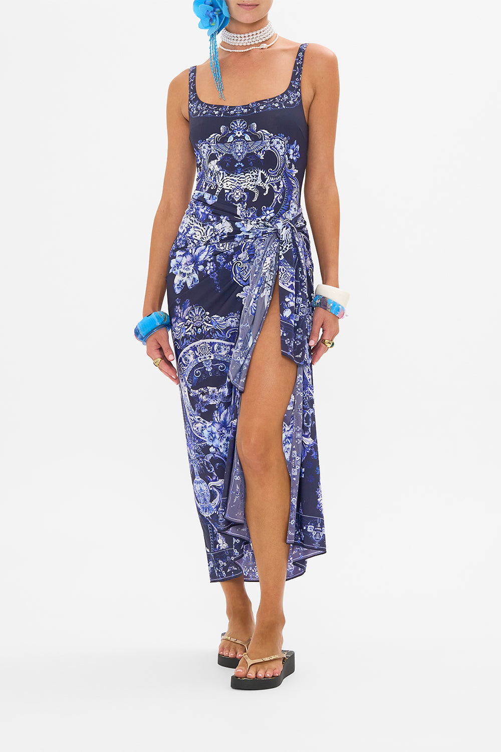 Detail view of model wearing CAMILLA womens one piece swimsuit in Delft Dynasty print