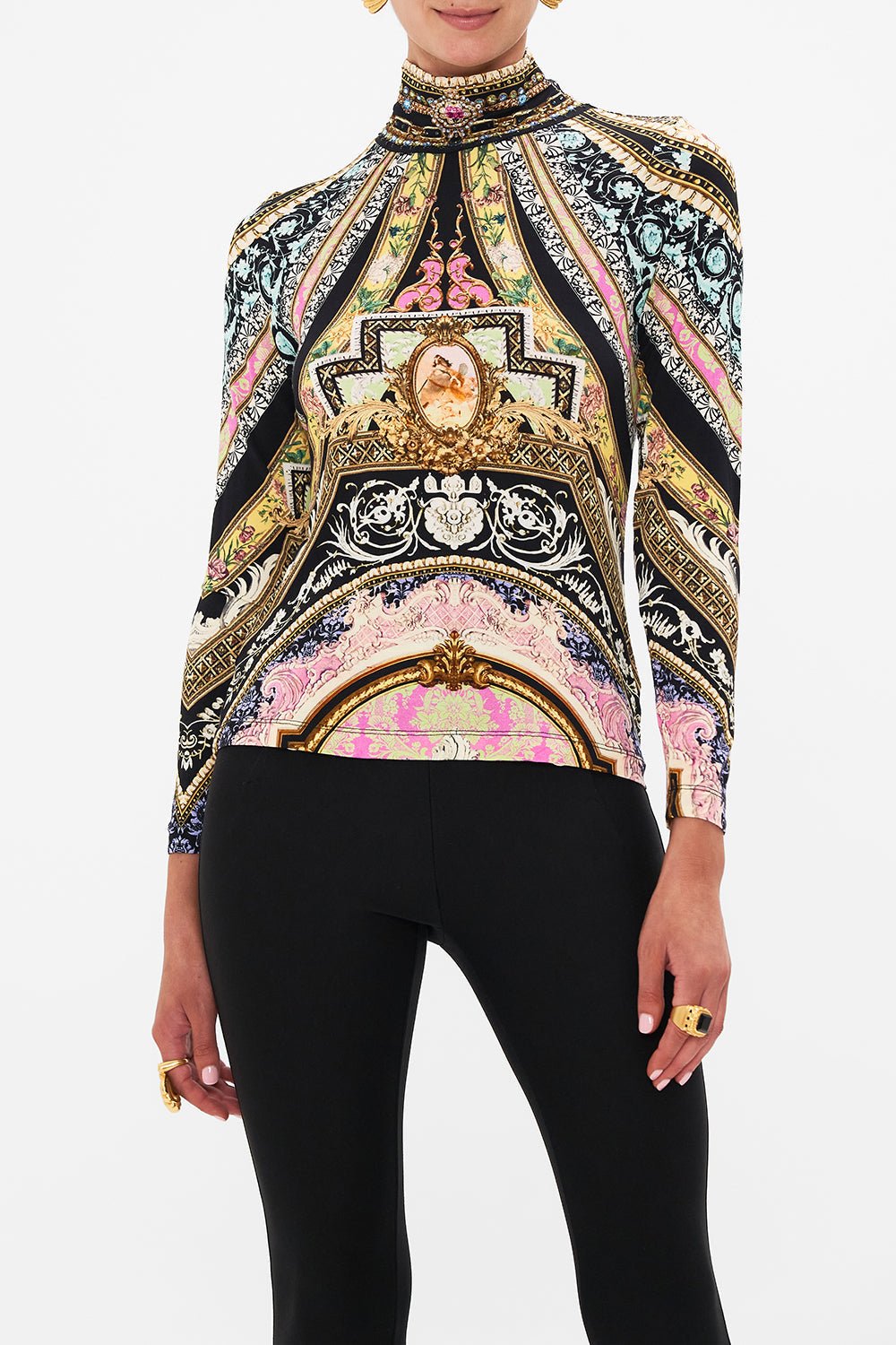 Crop view of model wearing CAMILLA jersey turtleneck in Soul Of A Star Gazer print