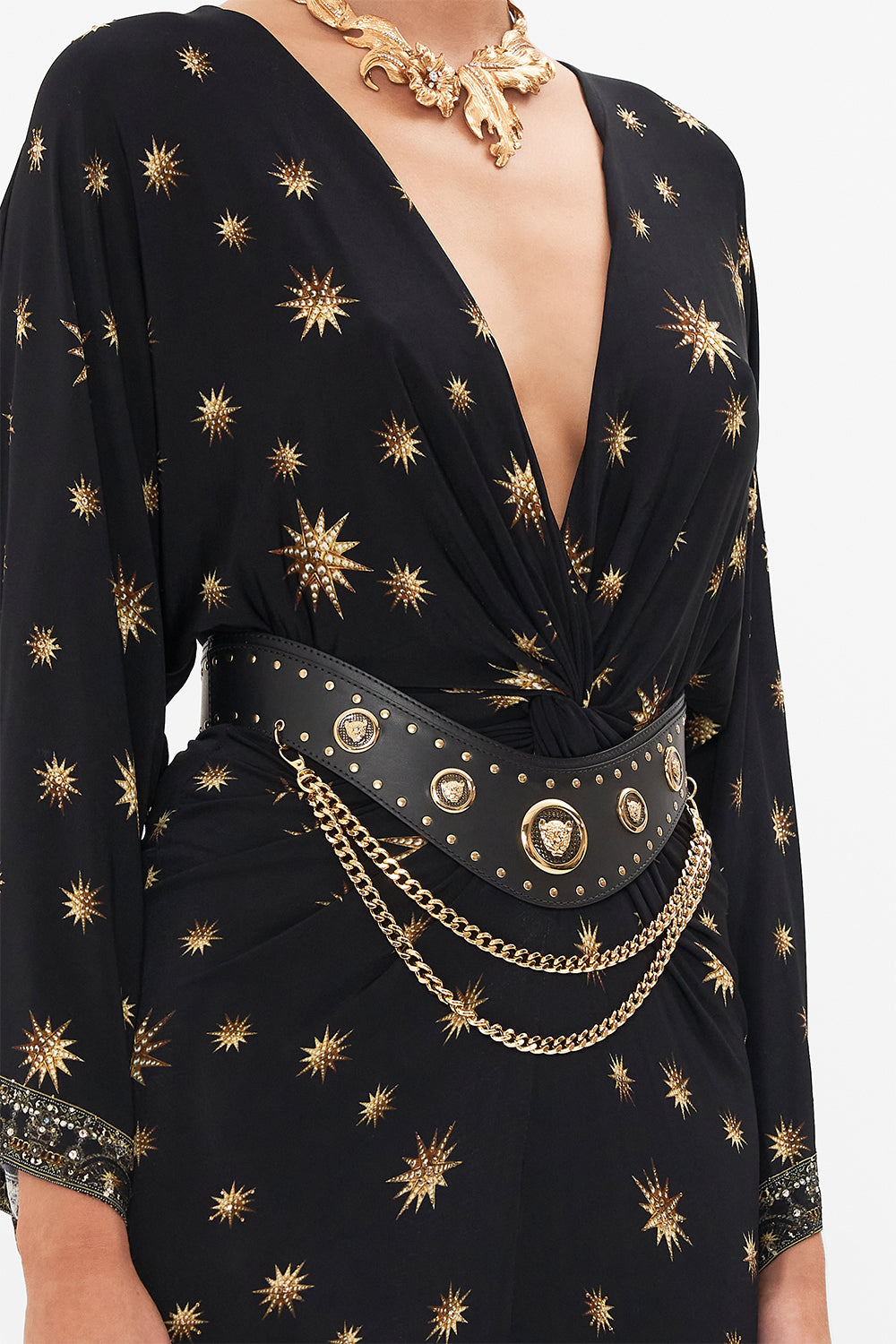 Detail view of model wearing CAMILLA jersey dress in Soul Of A Stargazer print 