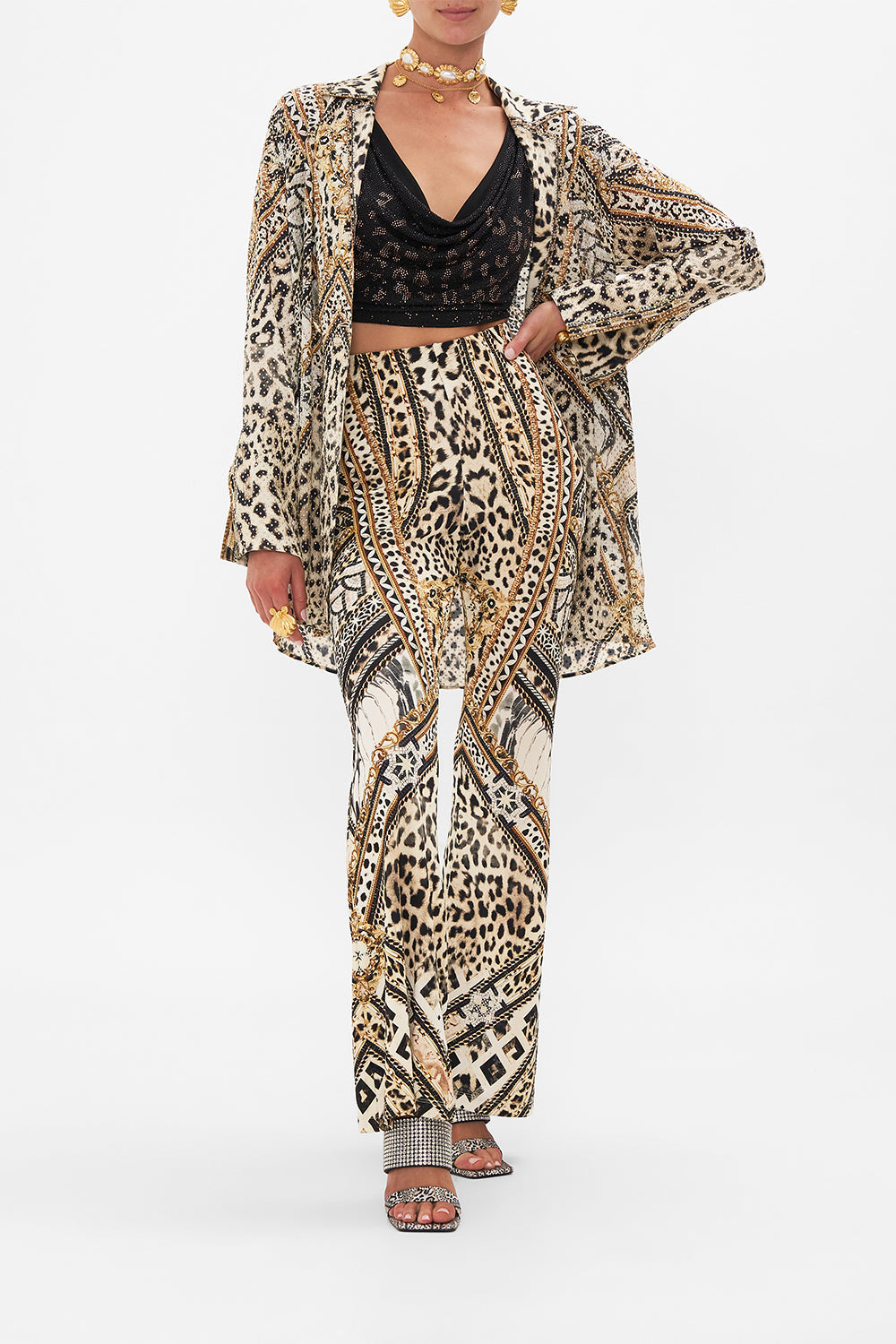 The CAMILLA BUTTON FRONT FRILL DRESS GILDED PLEASURES in our  print.