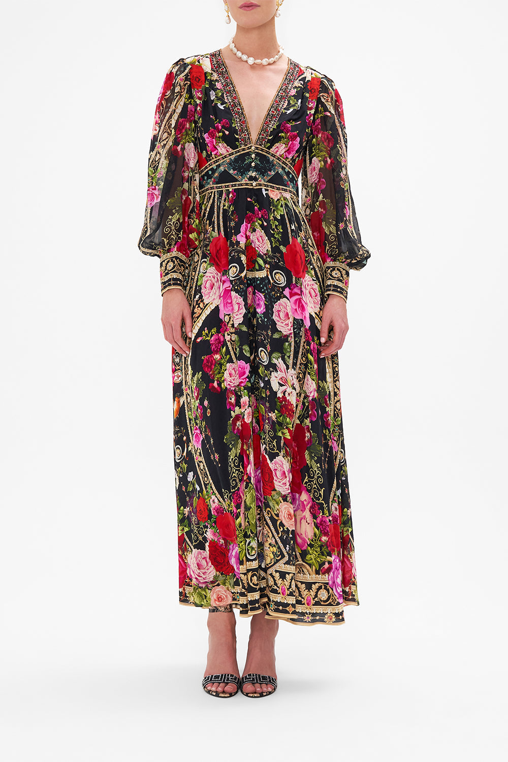 Front view of model wearing CAMILLA floral dress in Reservation For Love print 