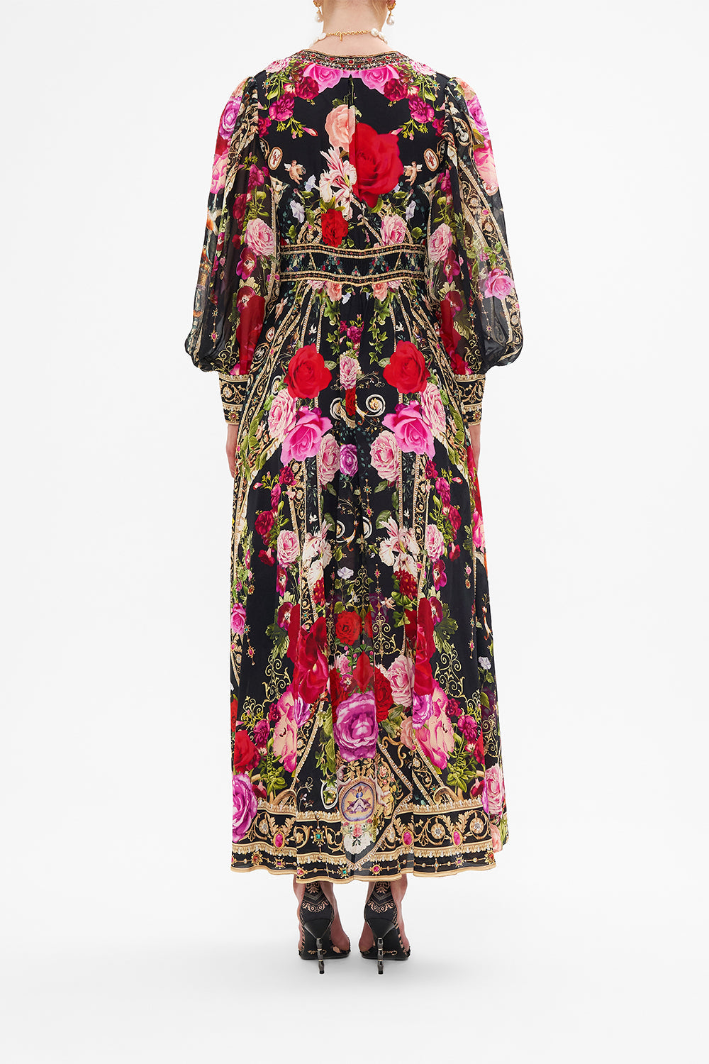 Back view of model wearing CAMILLA floral dress in Reservation For Love print 