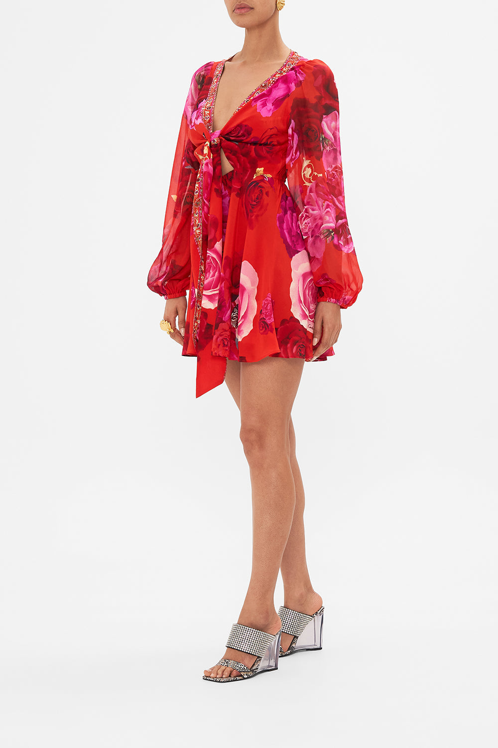 Side view of model wearing CAMILLA mini wrap dress in An Italian Rosa print