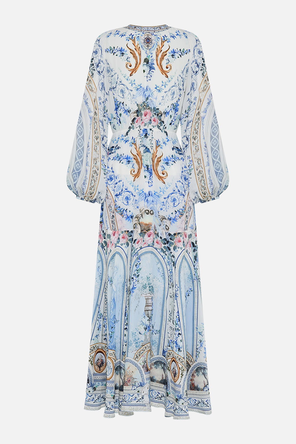 Video of model wearing CAMILLA wrap dress in Seasson Of The Siren print 