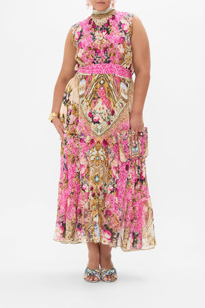 Front view of curvy model wearing CAMILLA plus size silk made dress in Call Of The Canal print