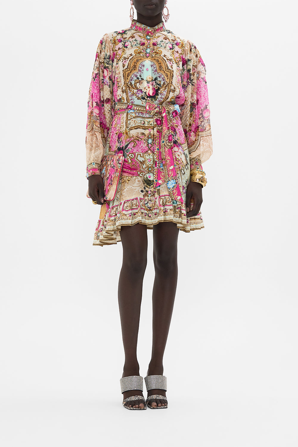 Front view of model wearing CAMILLA pink shirt dress in Call Of The Canal print