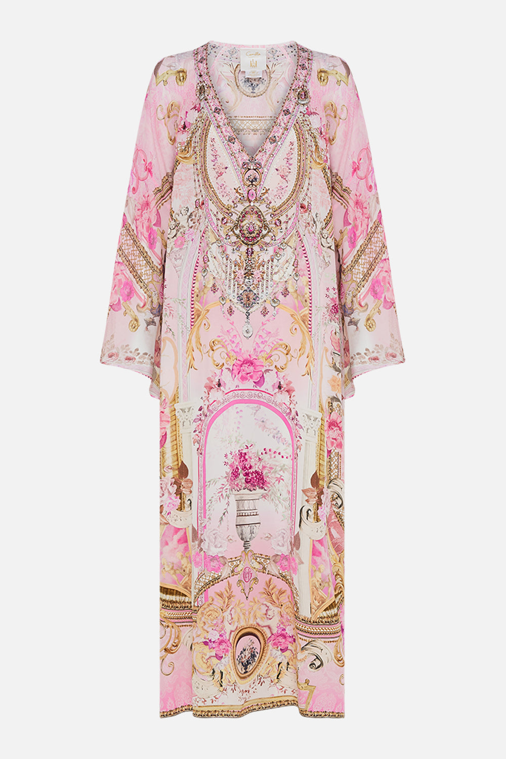 CAMILLA pink silk kaftan in Fresco Fairytale print