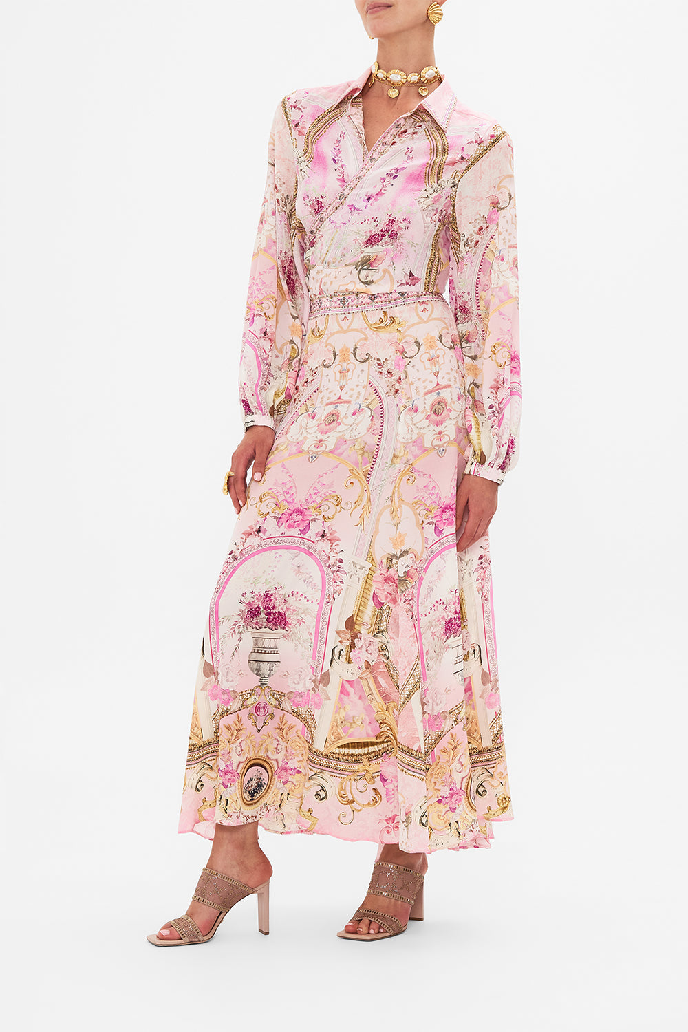 Side view of model wearing CAMILLA pink maxi skirt in Fresco Fairytale print