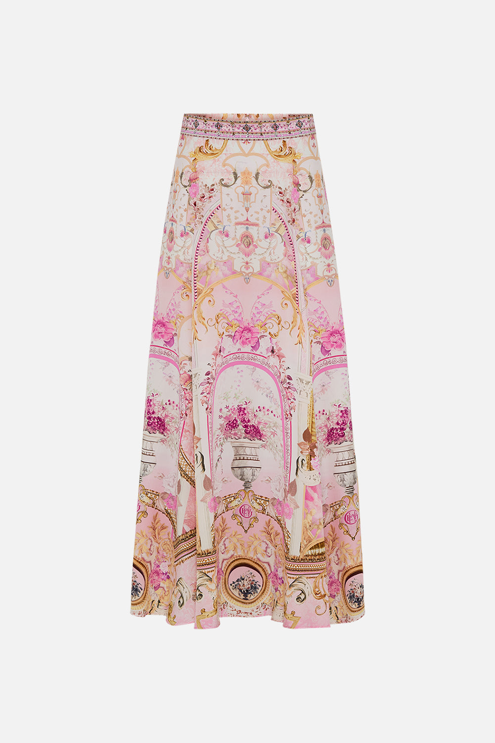 CAMILLA pink maxi skirt in Fresco Fairytale print