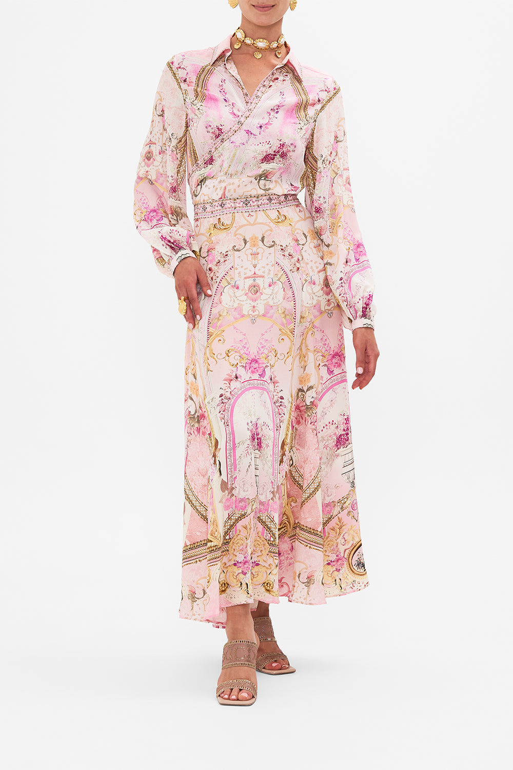 Front view of model wearing CAMILLA cropped shirt in Fresco Fairytale print