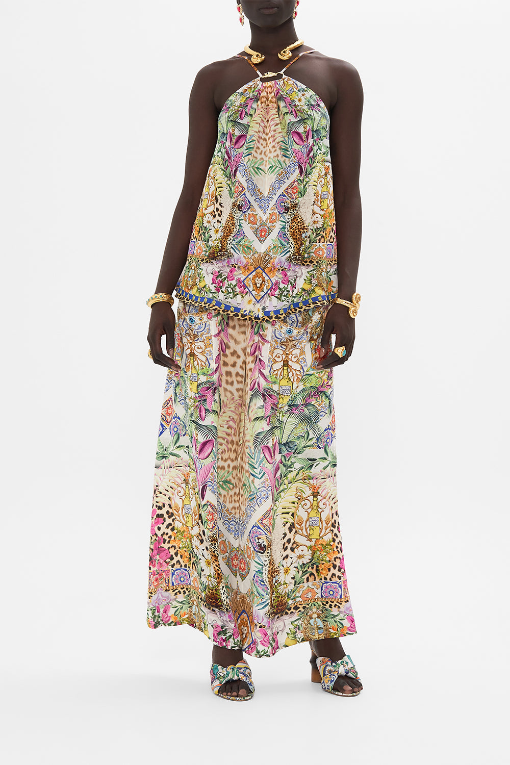 Front view of model wearing CAMILLA floral halter top in Flowers Of Neptune print