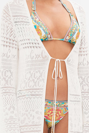 Detail view of model wearing CAMILLA pointelle knit layer in Sea Charm print 