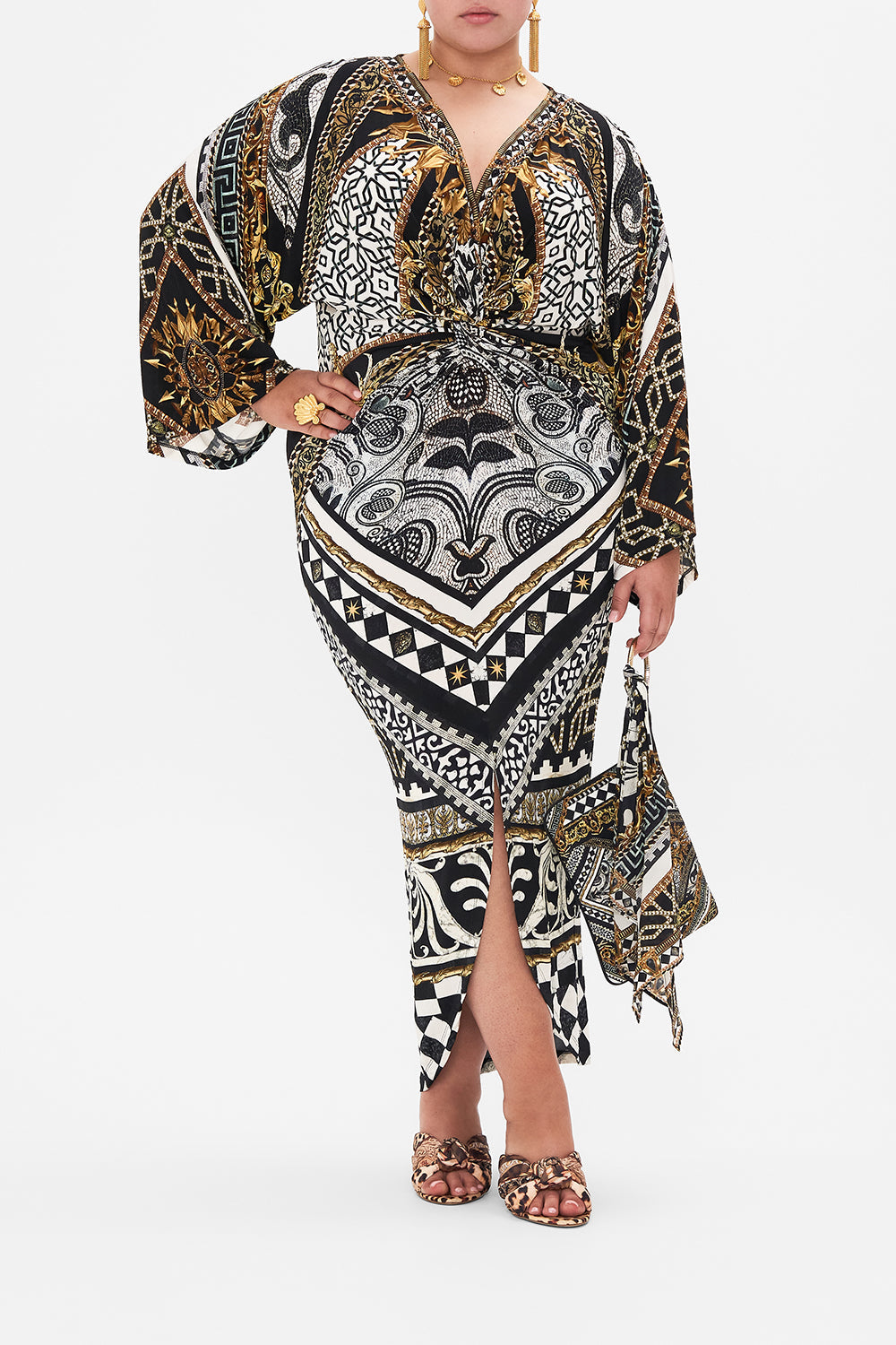 Front view of curvy model wearing CAMILLA black and white  plus size maxi dress in Look Up Tesoro print 