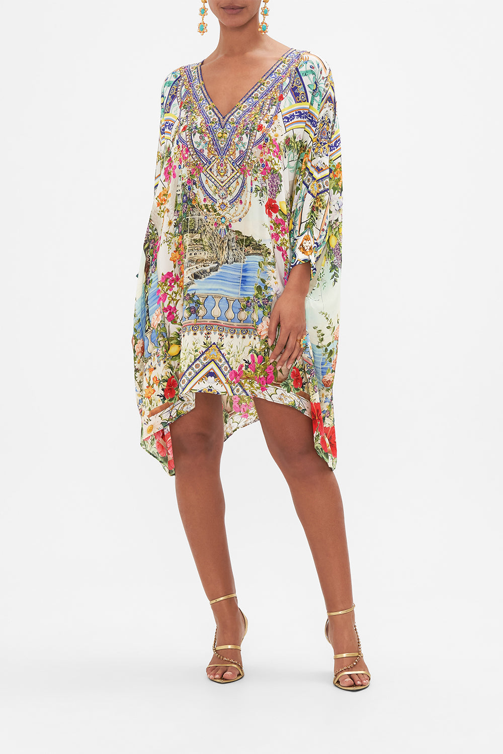 Front view of model wearing CAMILLA short silk printed kaftan in Amalfi Amore print