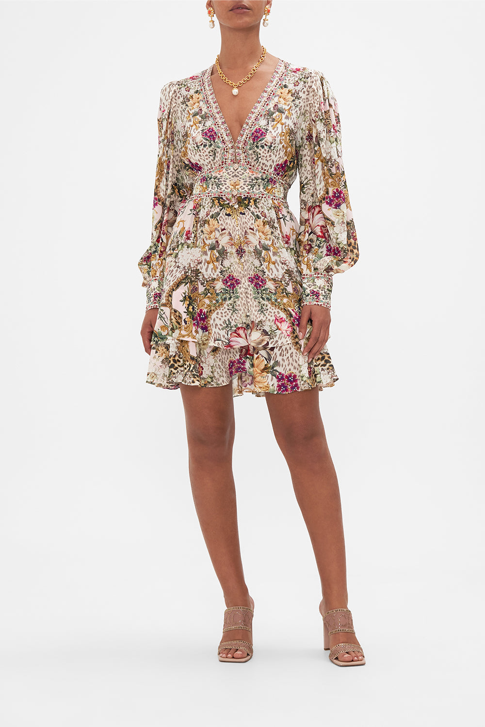 Front view of model wearing CAMILLA silk mini dress in Bambino Bliss print