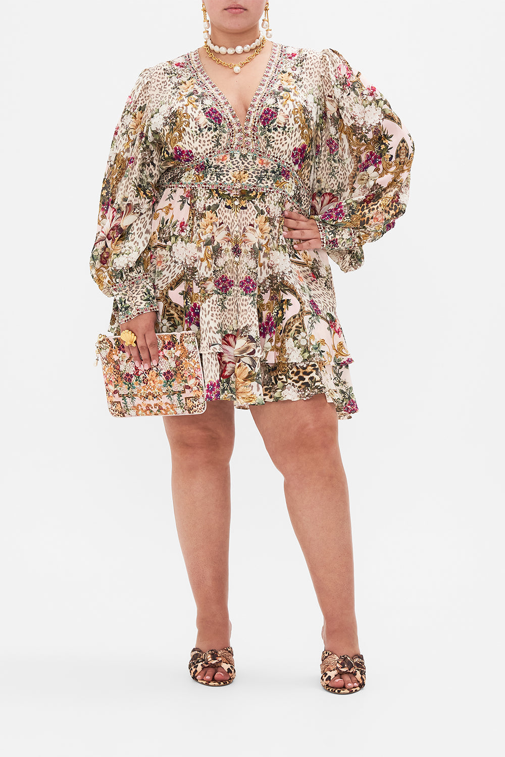 Front view of curvy model wearing CAMILLA plus size silk dress in Bambino Bliss print