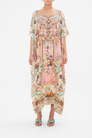 Front view of model wearing CAMILLA silk kaftan in Letters From The Pink Room print
