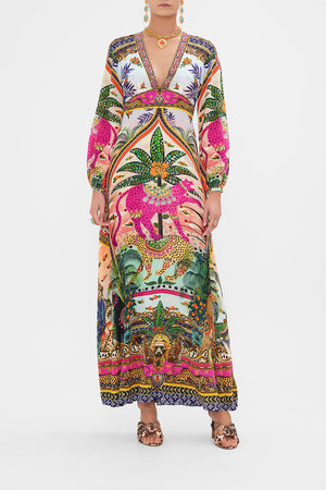 Front view of model wearing CAMILLA silk printed maxi dress in Alessandro's Atlantis print